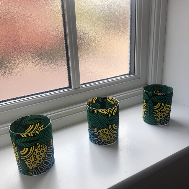 Set of 3 botanical inspired African candle holders set in a tropical green & yellow wax print fabric