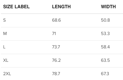 Hoodie sizing chart in CM