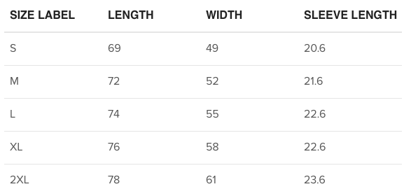 T-Shirt size chart in CM