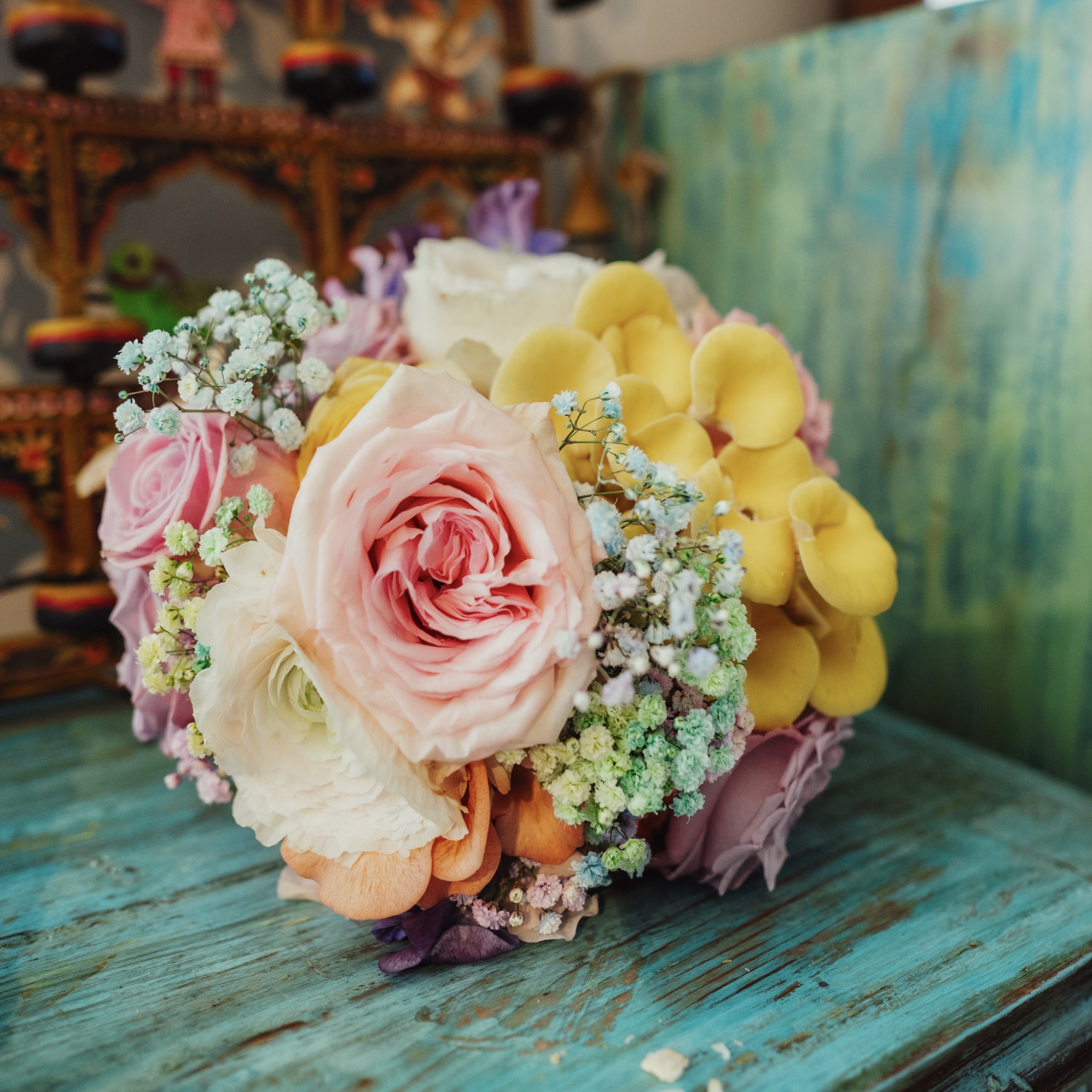 Modern camp Wedding bouquets with pink and yellow mushrooms 