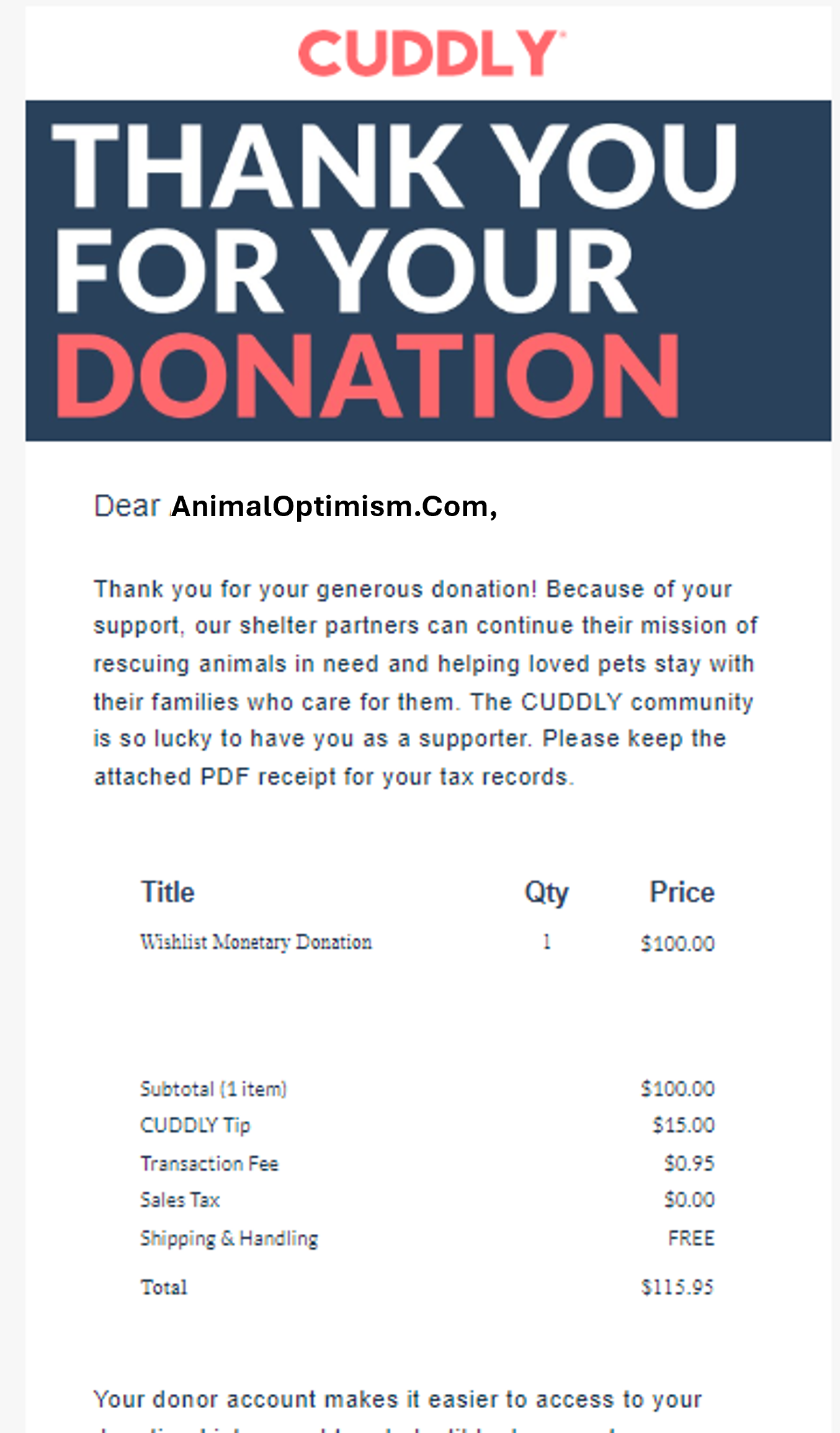 Thank you note from Cuddly for $115 donations