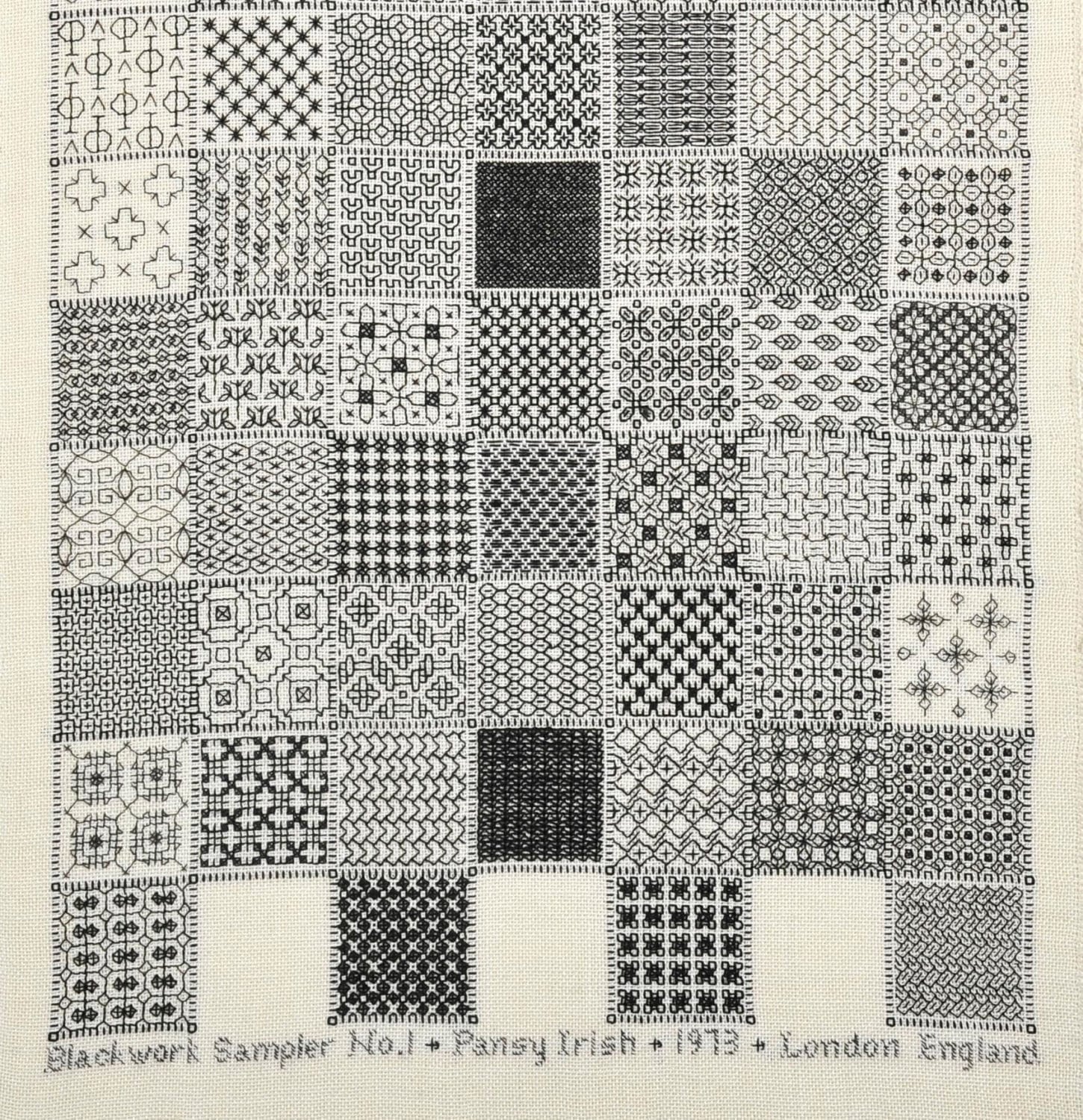 RSN Collection "Section from a Blackwork Stitch Sampler", worked by Pansy Irish in 1973