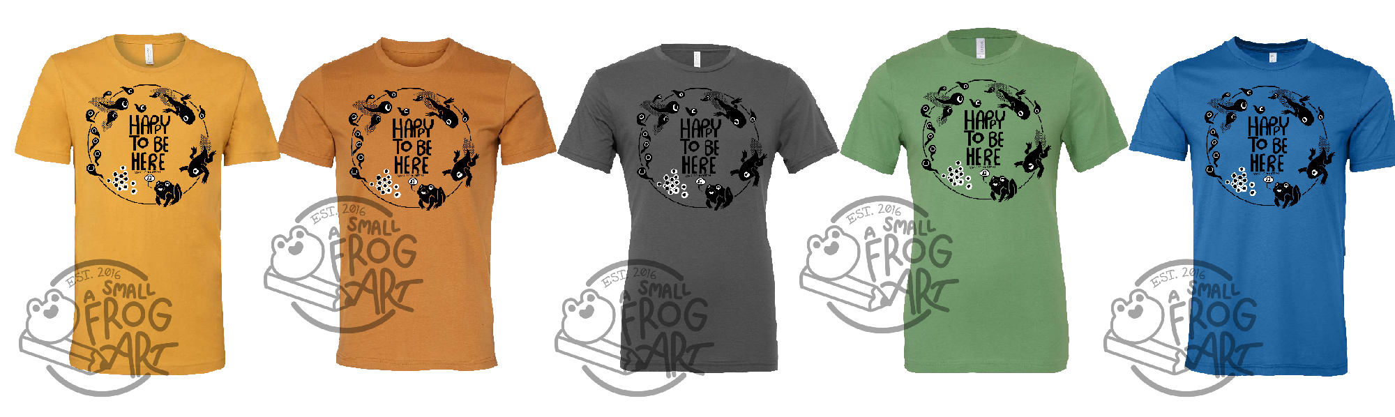 A line-up of the design on five different shirt colors: yellow, brown, grey, green, and blue