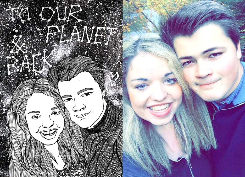 A black and white illustrated portrait of a couple with a galaxy background with text saying "to our planet and back"