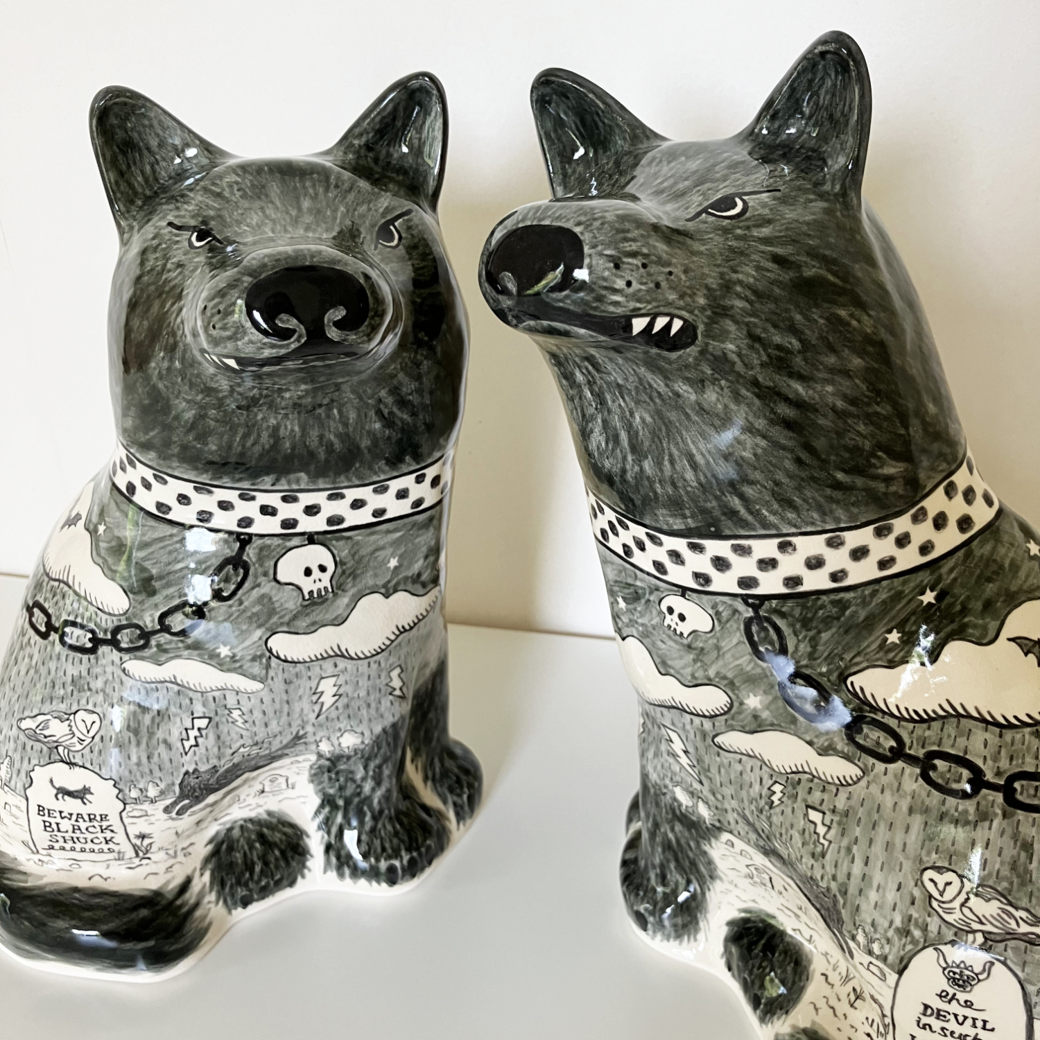 Shucky Dogs Ceramic Pair Beware Black Shuck by Sandy Horsley