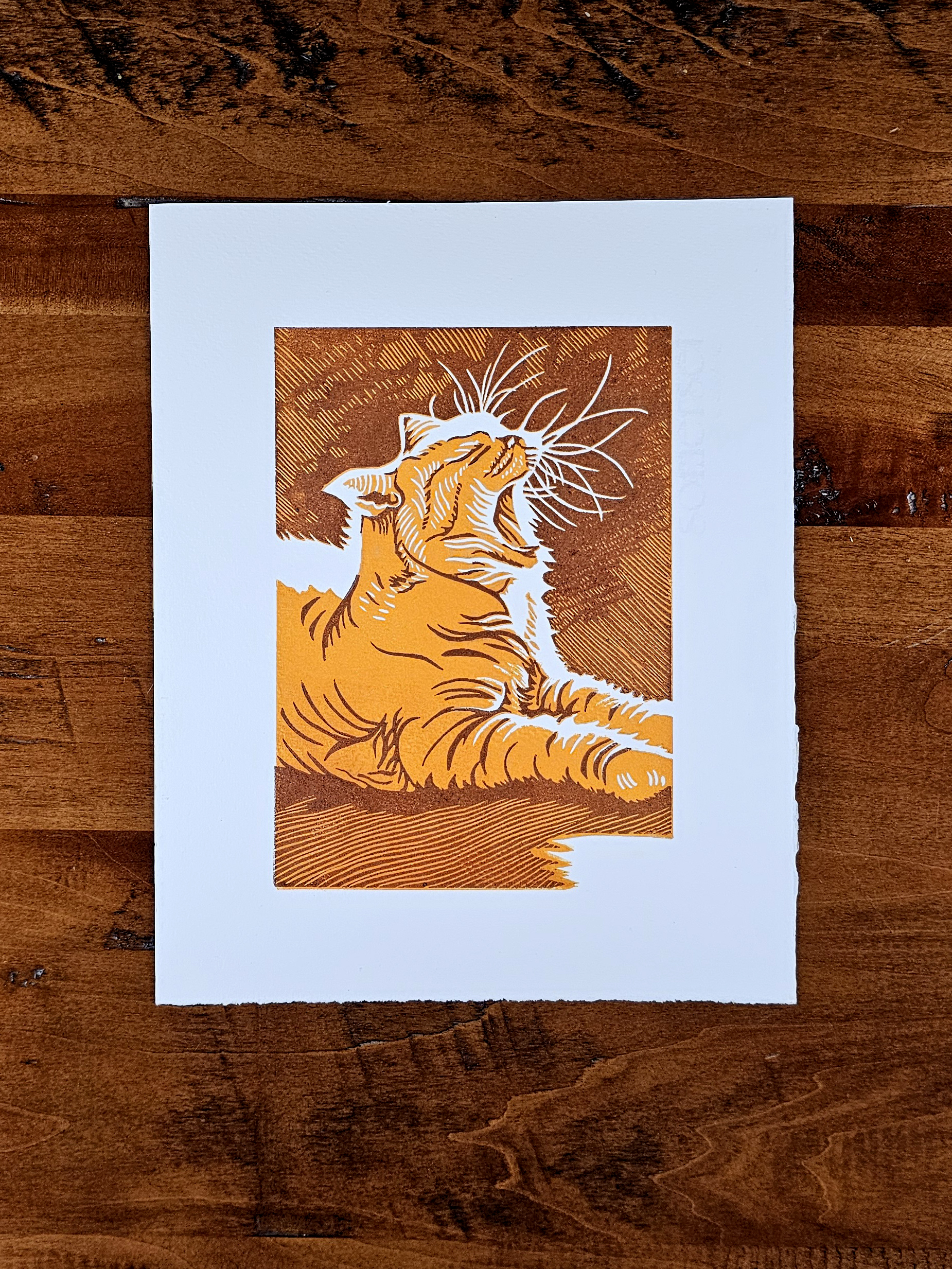 Linoleum block print of a cat in a sunspot in orange