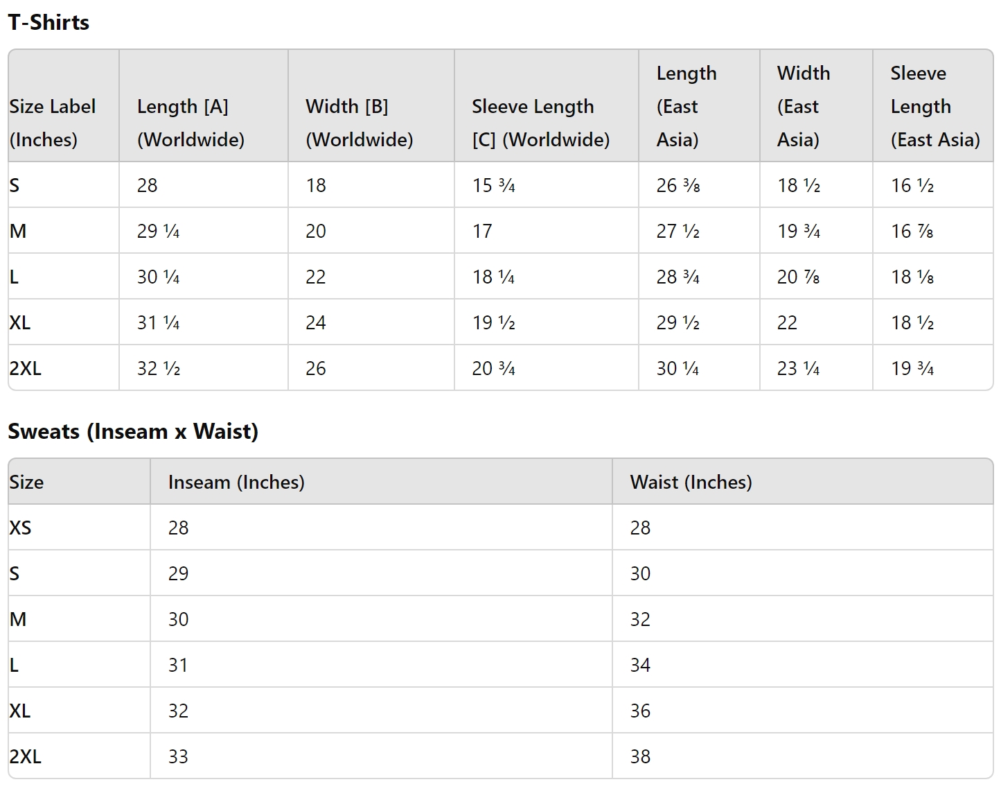 Sizing chart 2