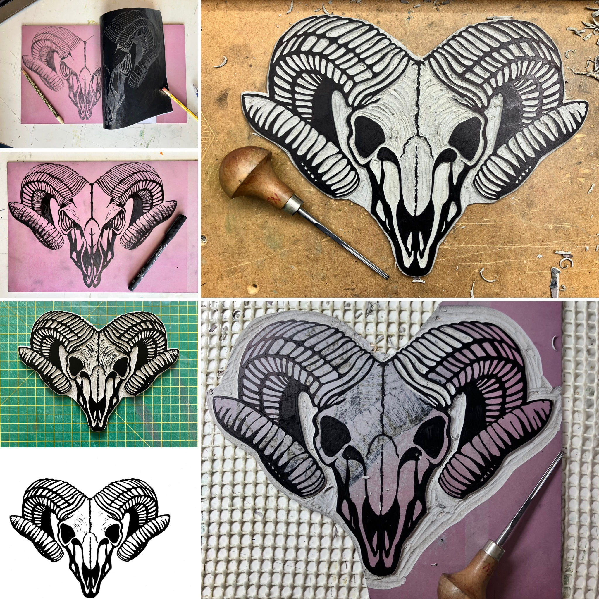 Work in progress - creating a Rams Skull linocut