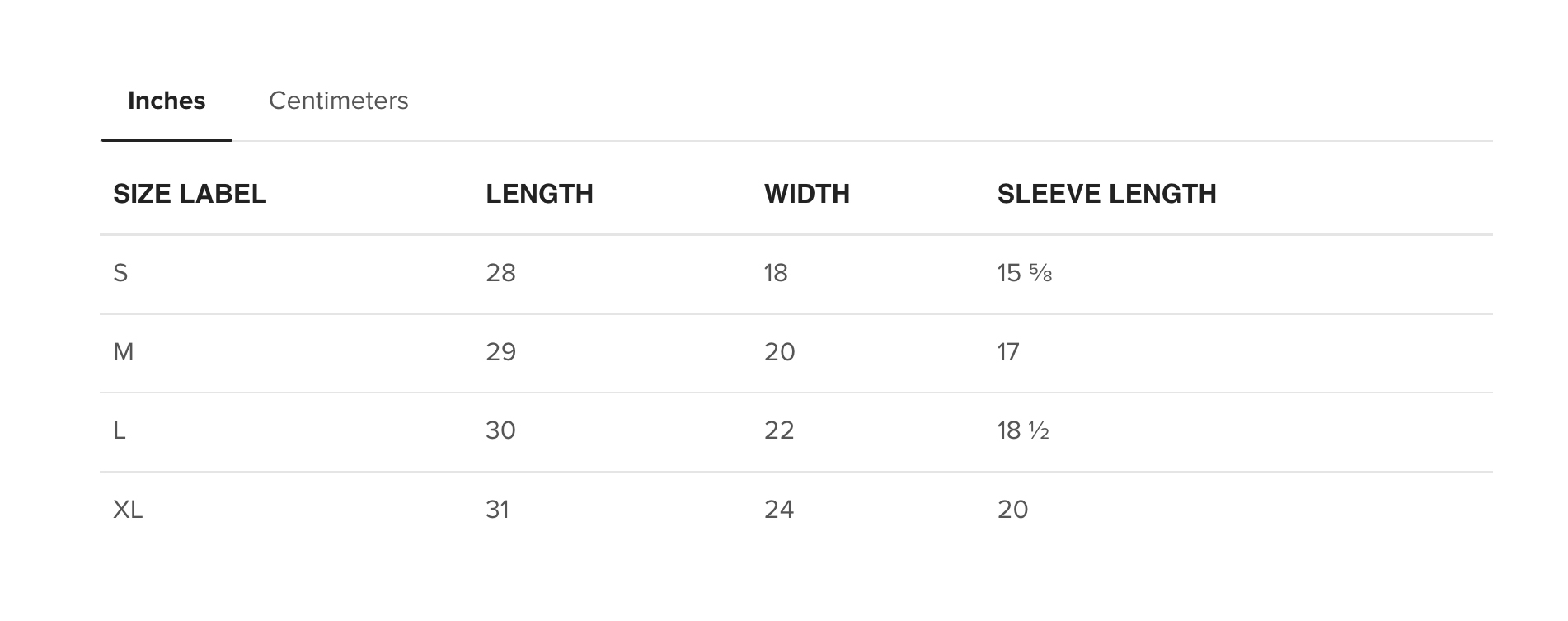 Shirt chart inch