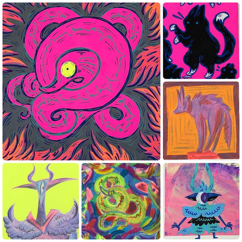 a big square in the top left with five smaller squares to the bottom and right.  big square is a bright neon worm/snake/sturgeon creature with a bright yellow eye with a worried look.  their body is bright neon pink with lines in aqua.  they are curled around themself protectively.  top right square is a stylized black cat with white paws and tail tip on a neon pink background.  square under that is a large dog scrunched up on a tiny chair.  the dog is drawn in purple colored pencil on an orangish background.  the next square down has a tiny bird creature drawn in blue, black, and aqua paint pen on a painted purple and pink background.  to the left of the little bird and under the big snake is a colored pencil drawing of a similar eel creature with other snake like shapes in bright colors.  the final square to the left has a stately bird creature with two beaks, two horns, one eye, and a triangular face shape.  they have large feathered shoulders and they stand in front of a neon yellow background.