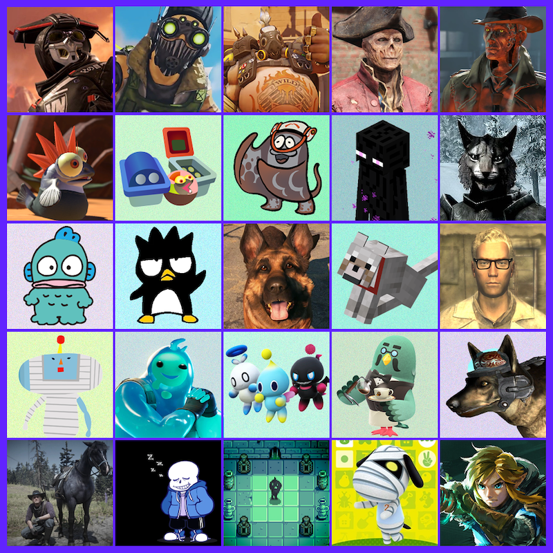 a 5 x 5 grid of favorite characters.  left to right top to bottom: bloodhound ( in road warrior skin / apex legends), octane (apex legends), roadhog (overwatch :/), hancock (fallout 4), nick valentine (fallout 4), lil buddy/small fry (splatoon 3), flyfish (splatoon 3), big man (splatoon 3), enderman, kharjo (skyrim), hangyodon, badtz maru, dogmeat (fallout 4), wolf (minecraft), arcade gannon (fallout: new vegas), opeo (katamari damacy), ripley (fortnite), chao trio (sonic adventure 2), brewster (animal crossing), rex (fallout: new vegas), toots malloy + pawpaw (my rdr2 character + horse), sans (undertale), krobus (stardew), lucky (animal crossing), and link (in general but tears of the kingdom pic).