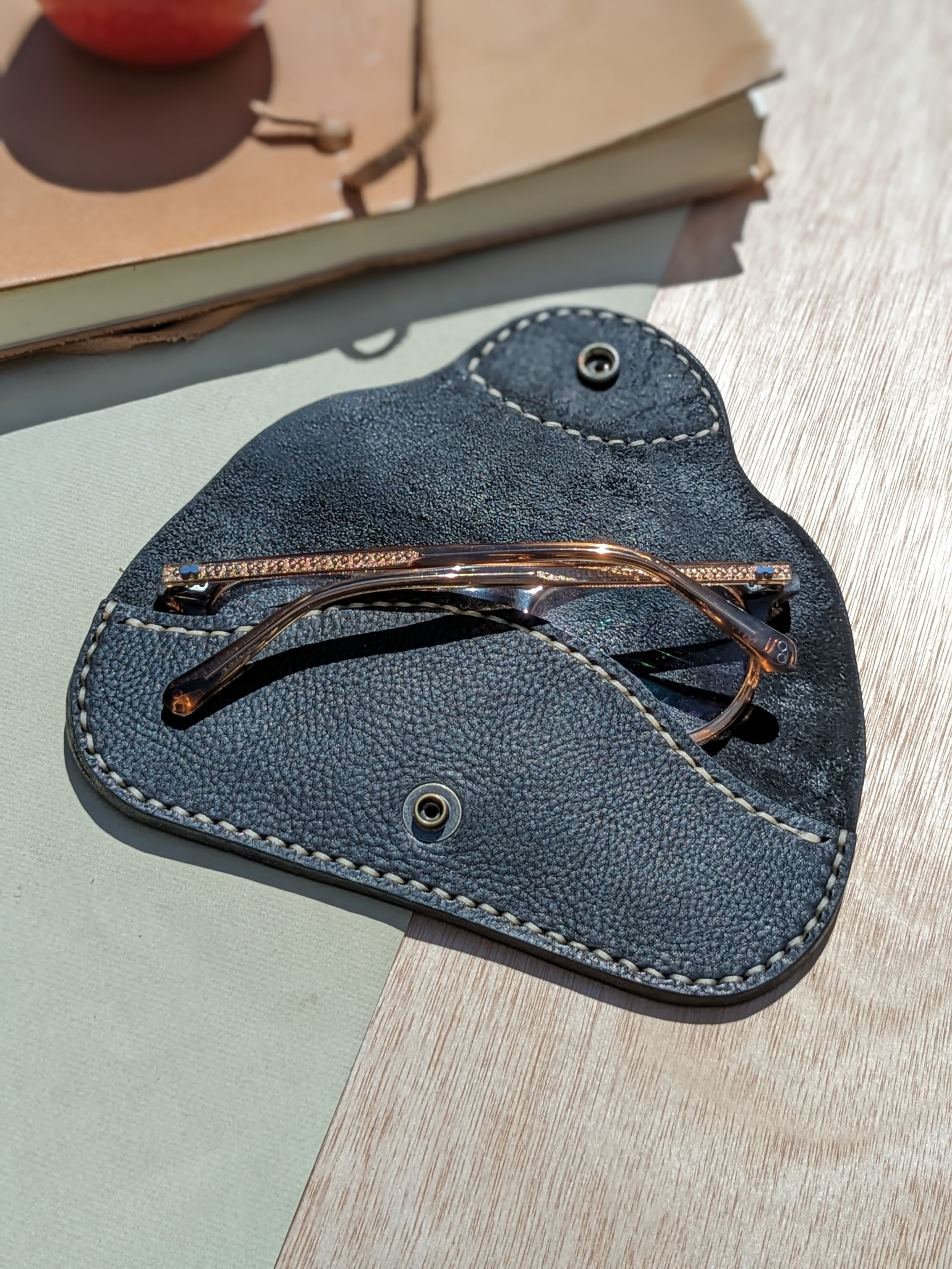 Bepoke Saddle stitched vegetable tanned leather spectacles case