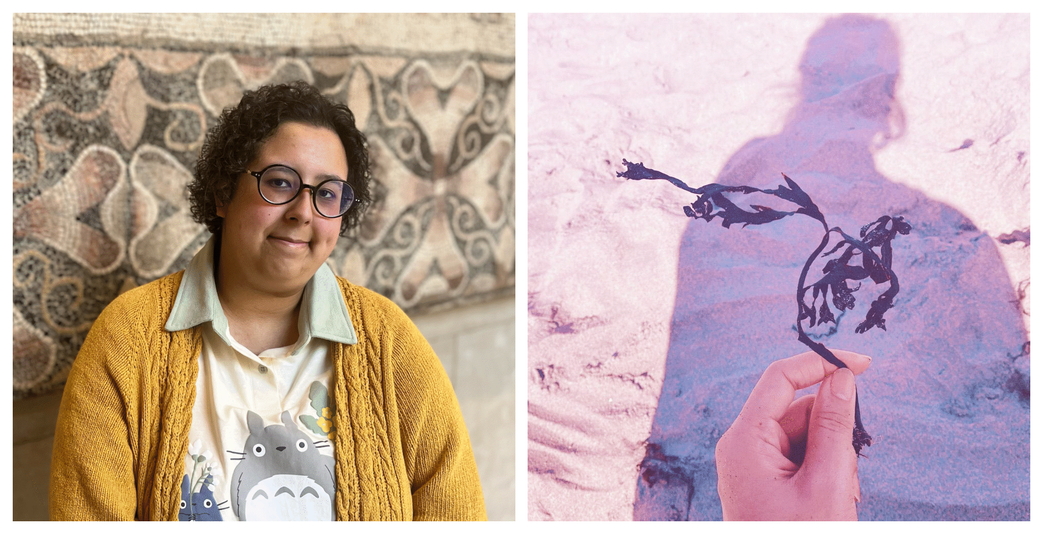 Two photos side-by-side. Left: portrait photo of Ashanti, a multiracial Afro-Mexican person with large glasses and curly hair. Right: photo of Binglin's hand holding a piece of dried seaweed over their shadow in the sand.