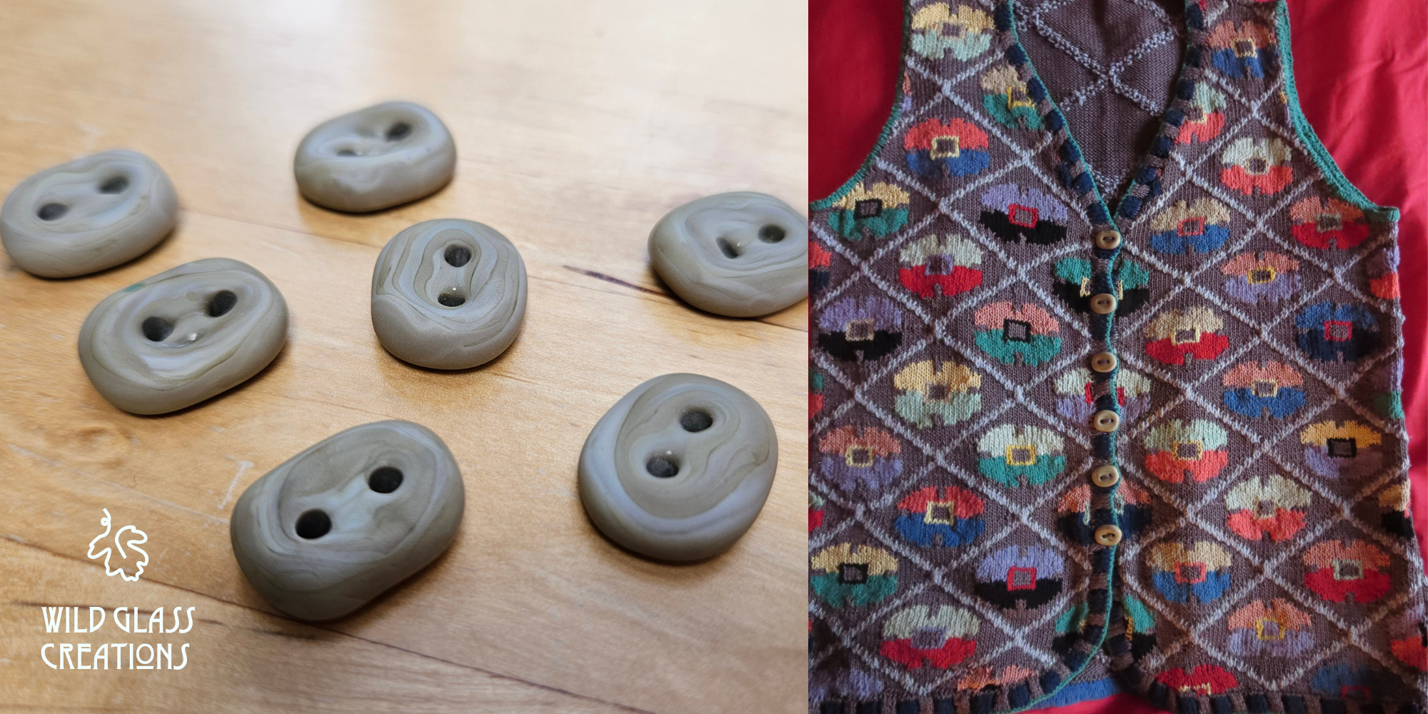 6 avocado glass buttons sit on a wooden table, on the right they are attached to the front of a knitted vest with a zig zag design