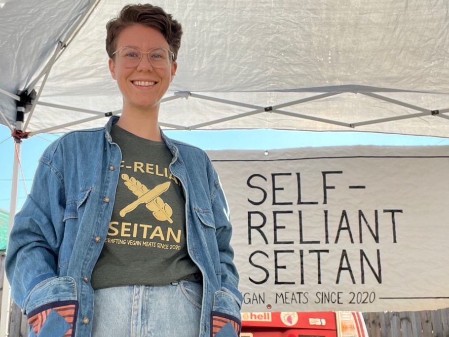 Emily, Self-Reliant Seitan Owner and Founder, vending at a farmers market