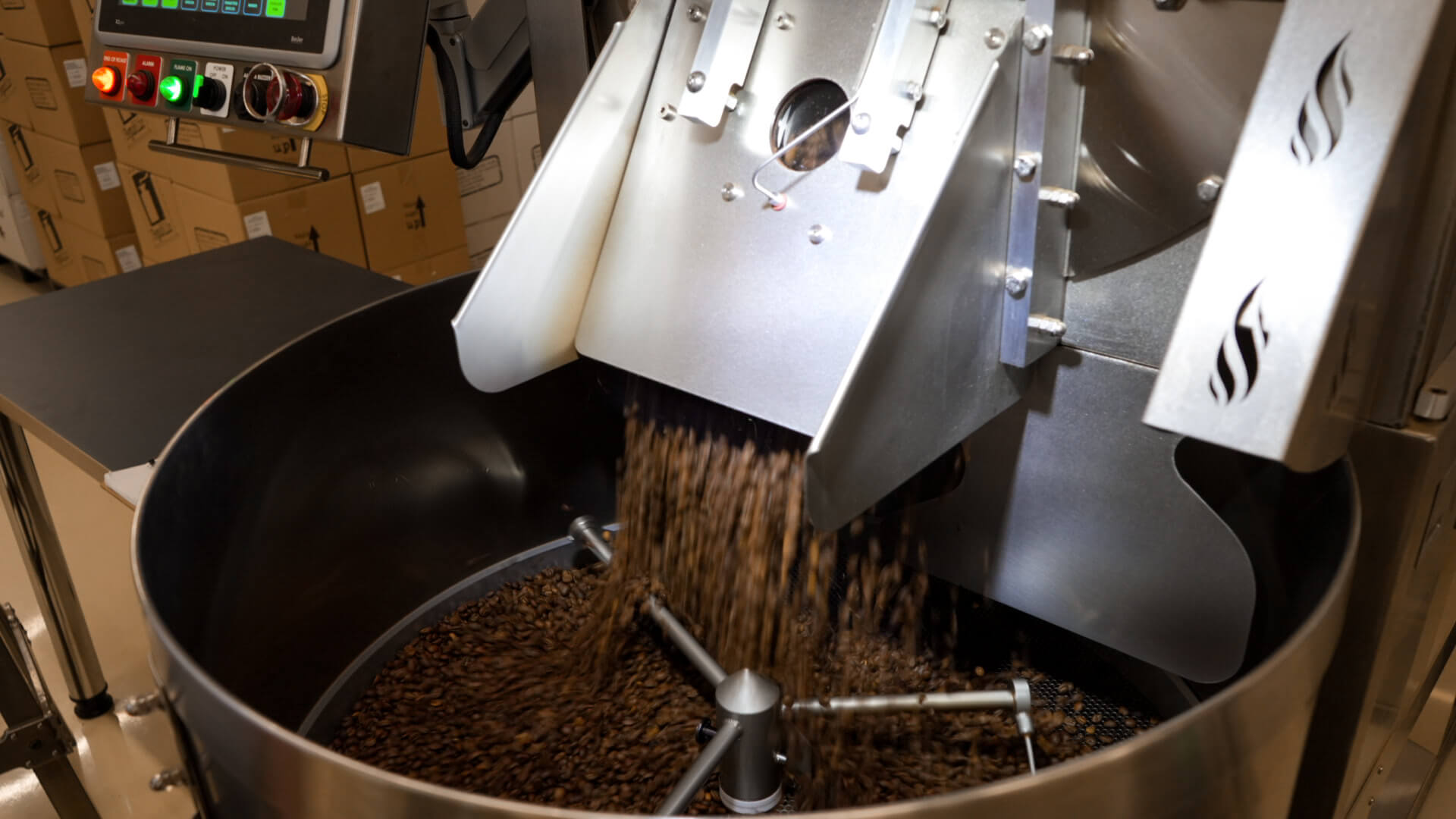 Coffee beans roasted on a Loring