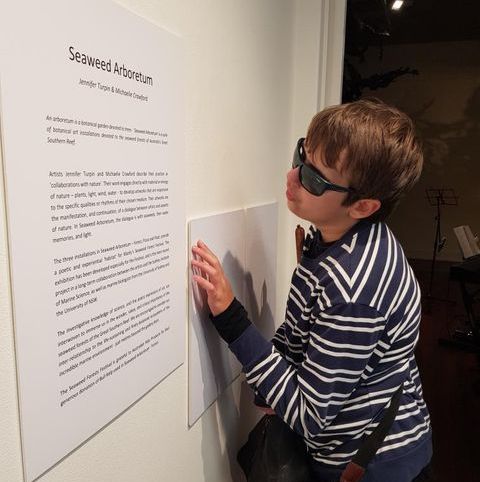 A photo of Luca reading a brailled panel on a wall. The brailled panel is next to the artwork description, and is describing the artwork "Seaweed Arboretum"