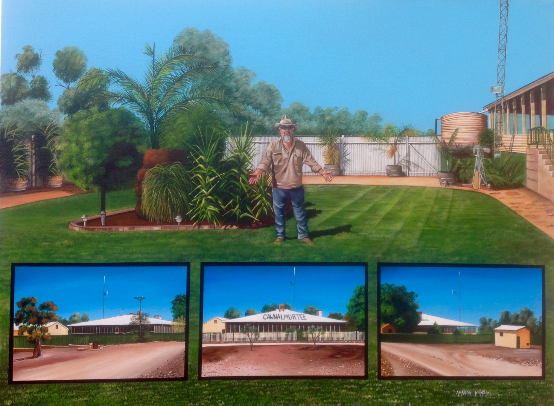 Tom Finch stands in front of his outback property showing off the incredible garden he's managed to create from the dry conditions. Along the bottom of the painting are three smaller paintings showing the front of the property and the arid ground