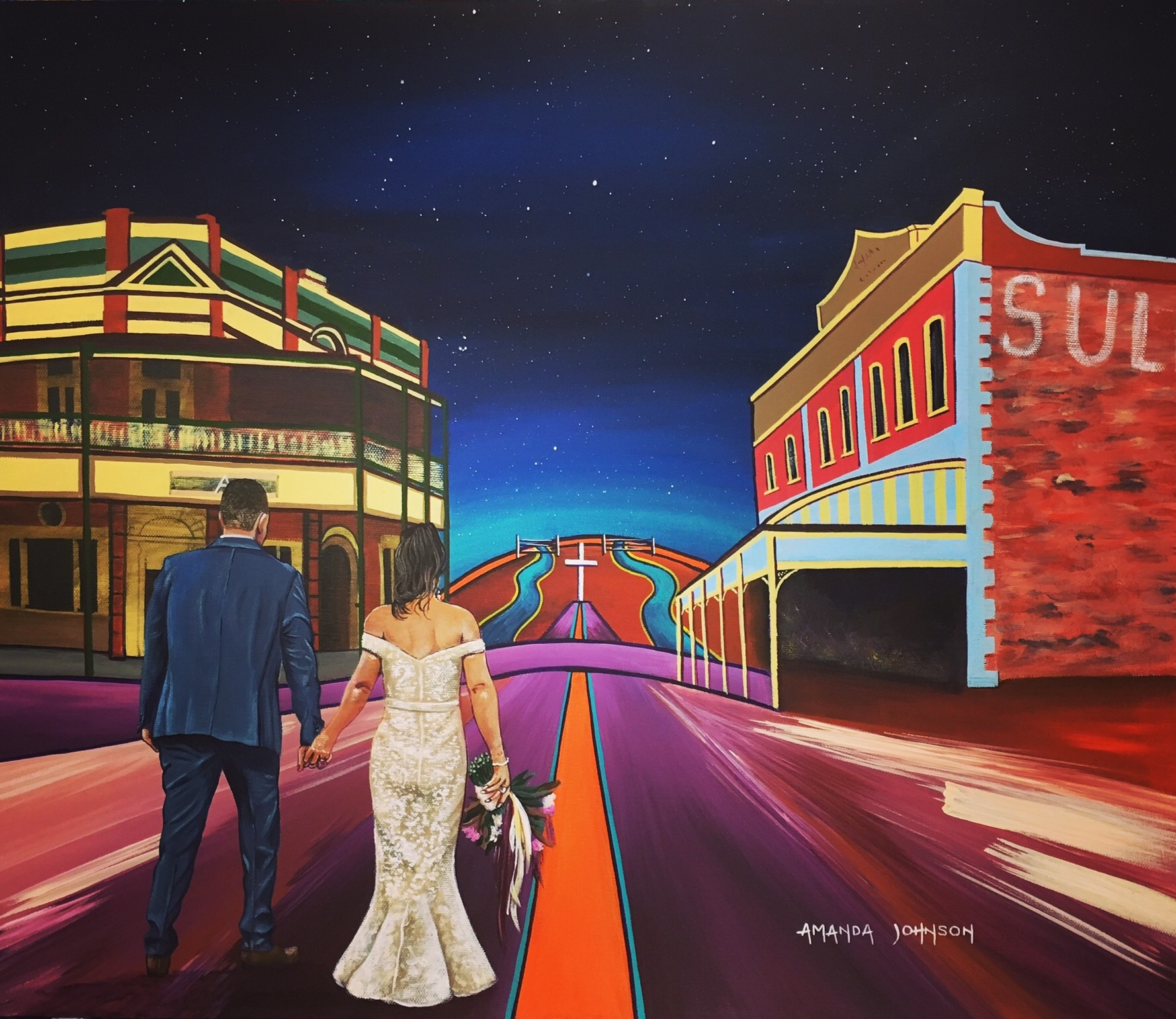A couple on their wedding night stroll up Argent Street past all the iconic buildings