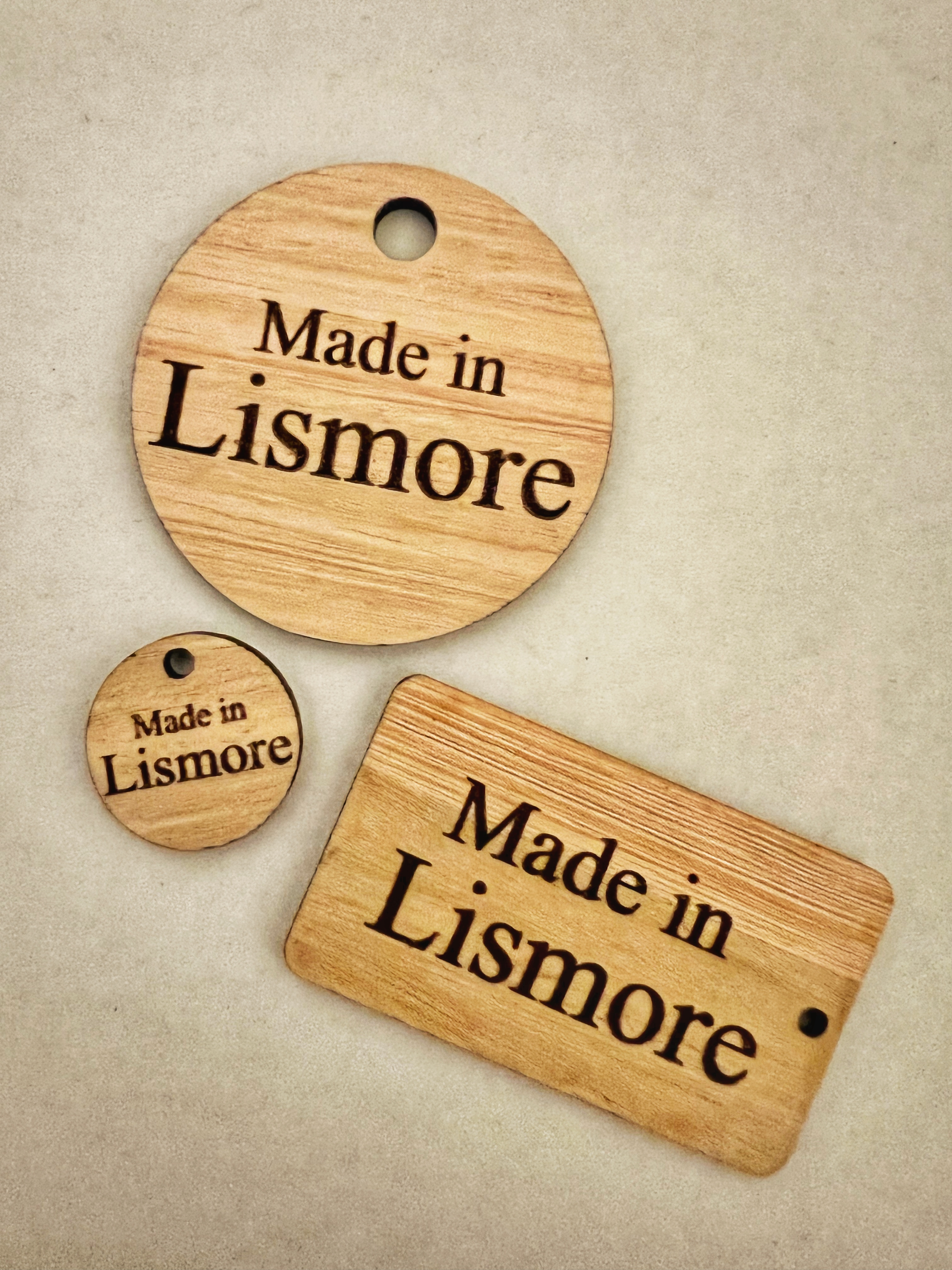 made in lismore wooden tags