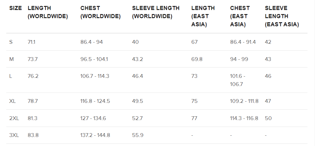 size guide centimeters