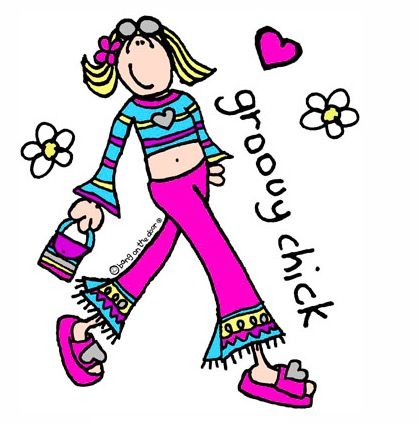 Groovy Chick logo of a cartoon girl in a pink striped shirt and platform slip on shoes