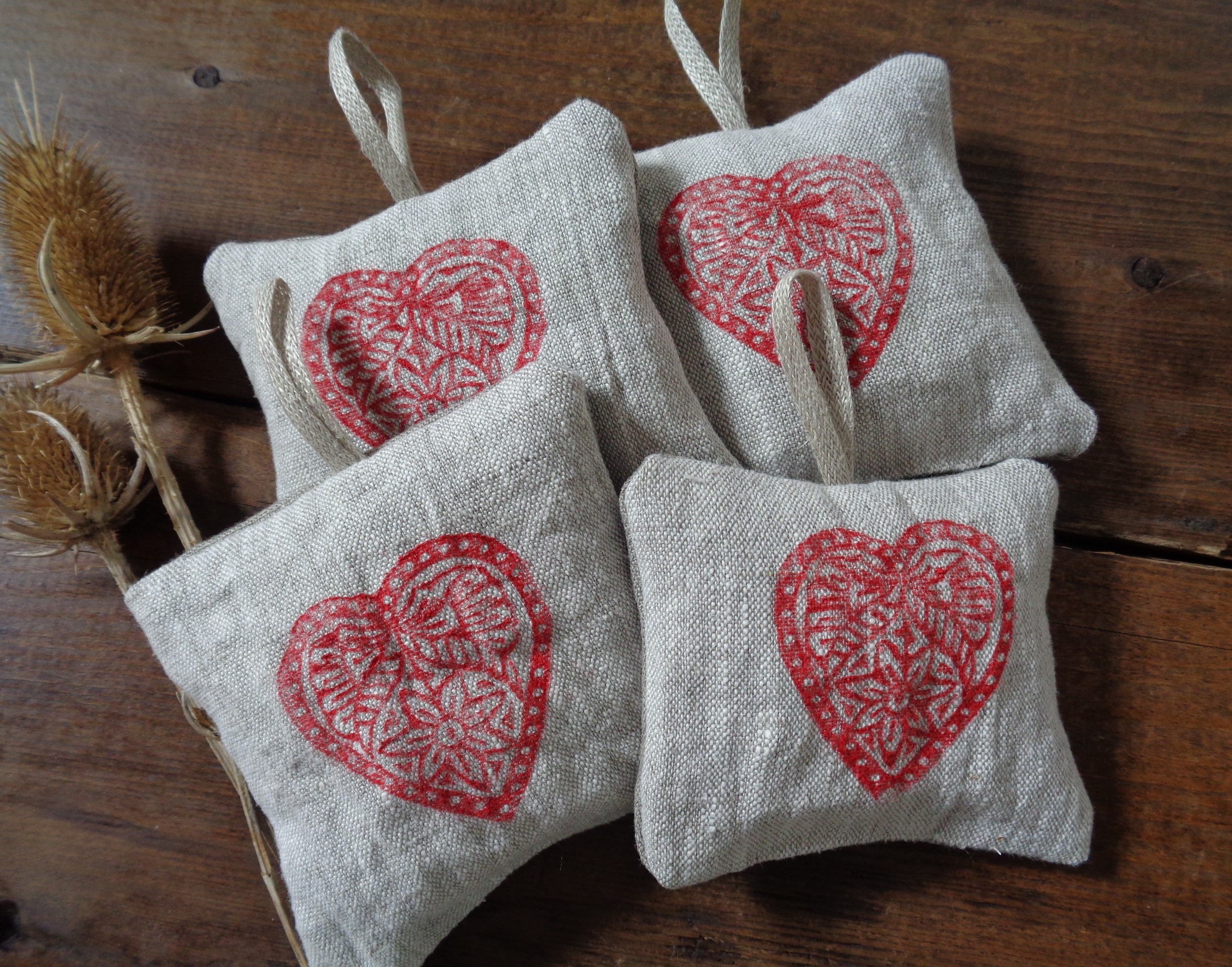 red hearts on linen