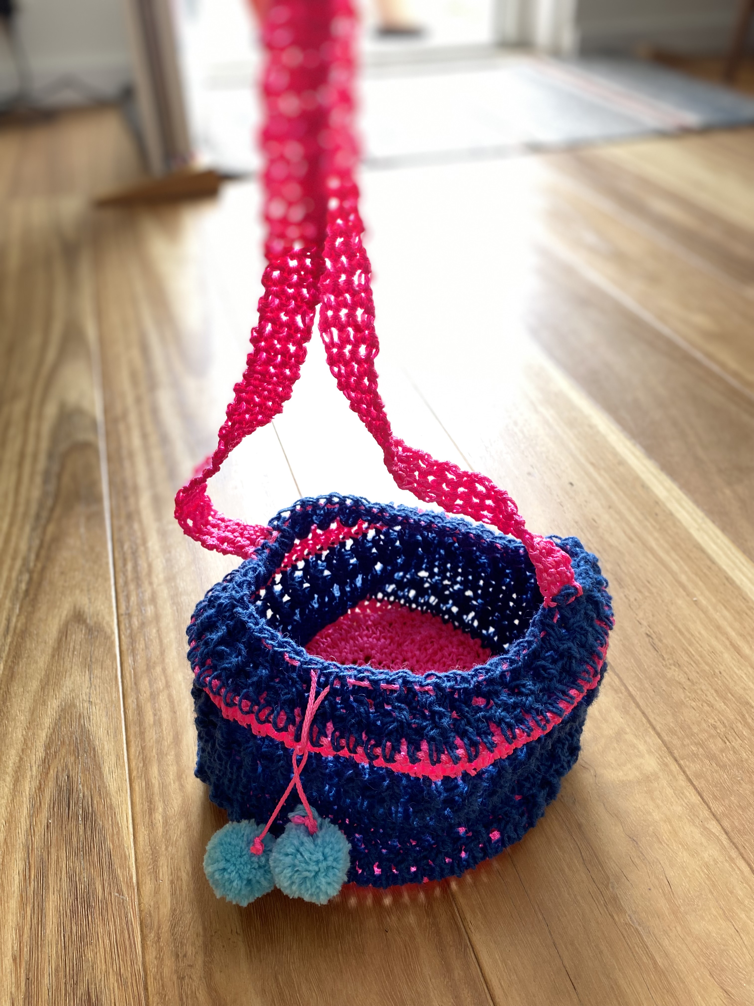 crocheted basket with trap and pom pom 2