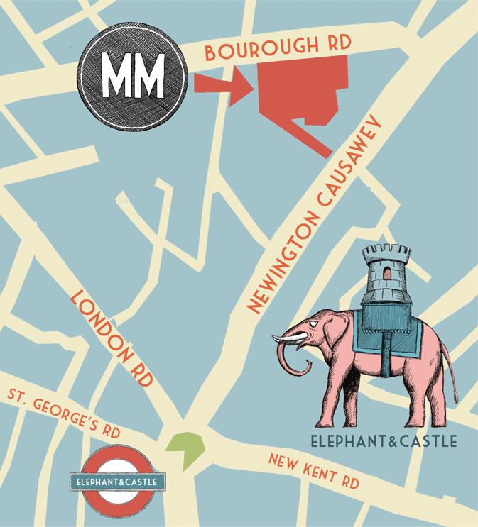 illustrated map of London highlighting Elephant and Castle where Mercato Metropolitano is based 