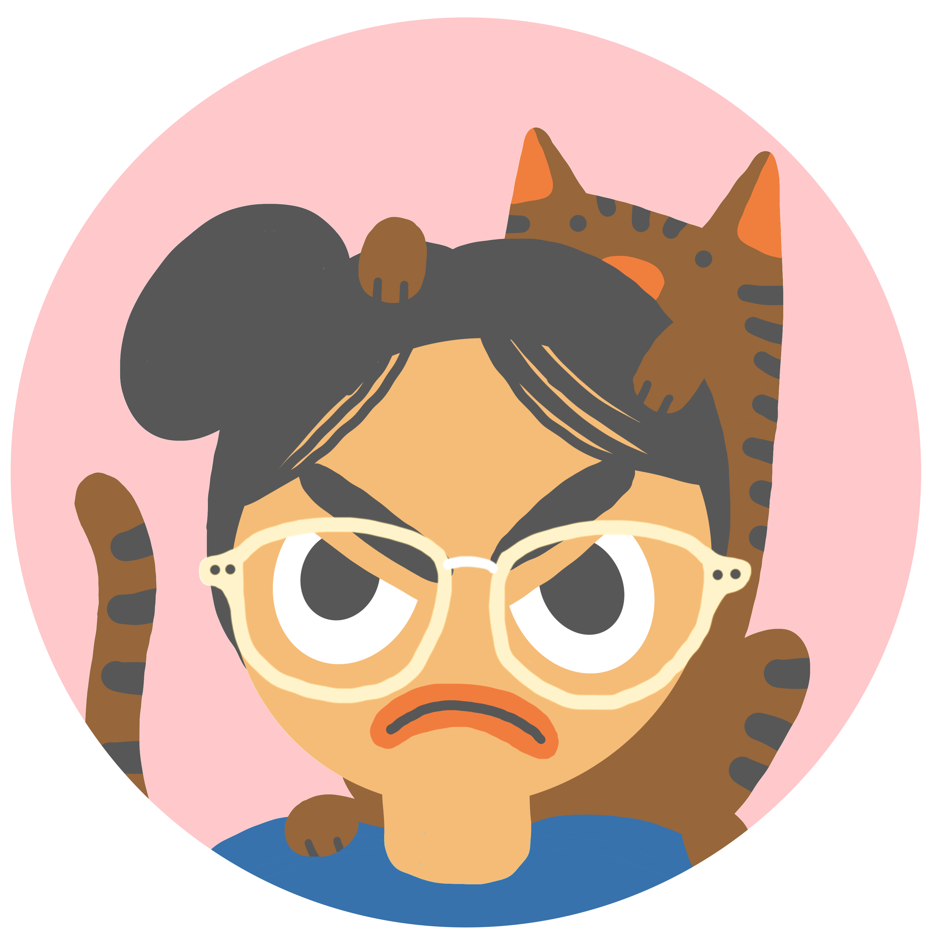 digital illustration of Ropo with black hair in a bun, round glasses, mouth downturned and frowning, with a brown tabby cat sitting on their shoulders