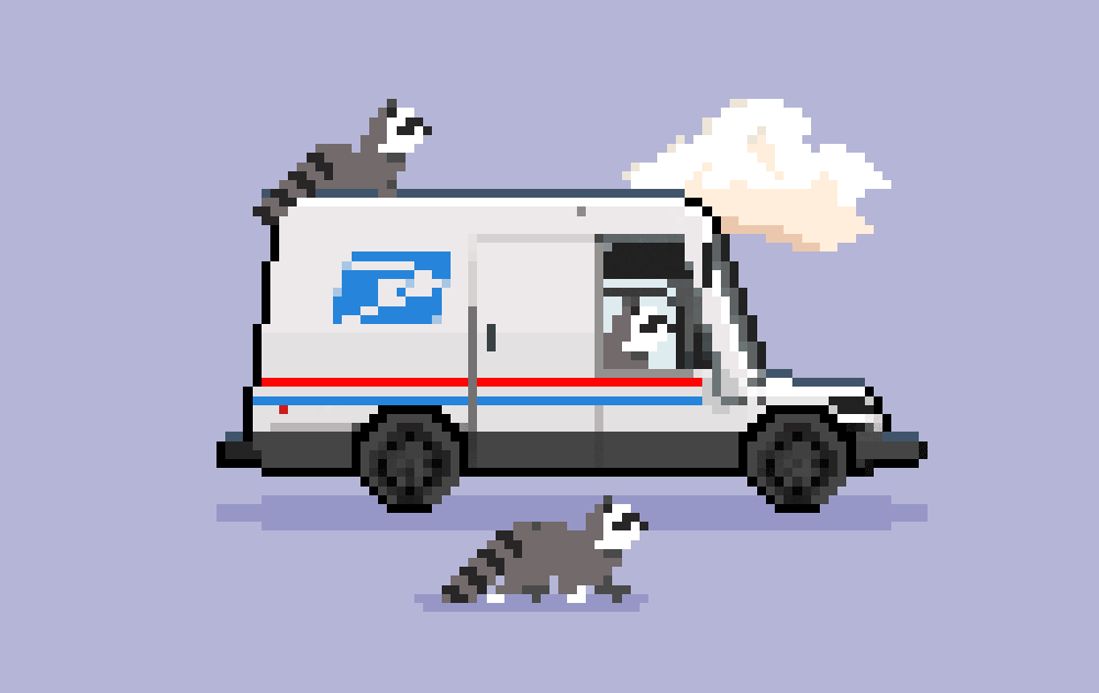 Pixel art of raccoons on a USPS truck