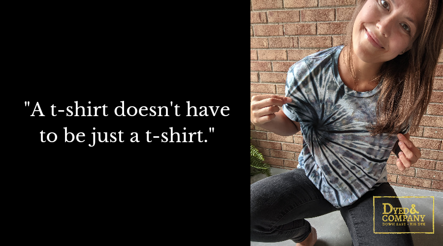Photo of Marg Cooper in black and white tie dye with text "a tshirt doesn't have to be just a Tshirt".