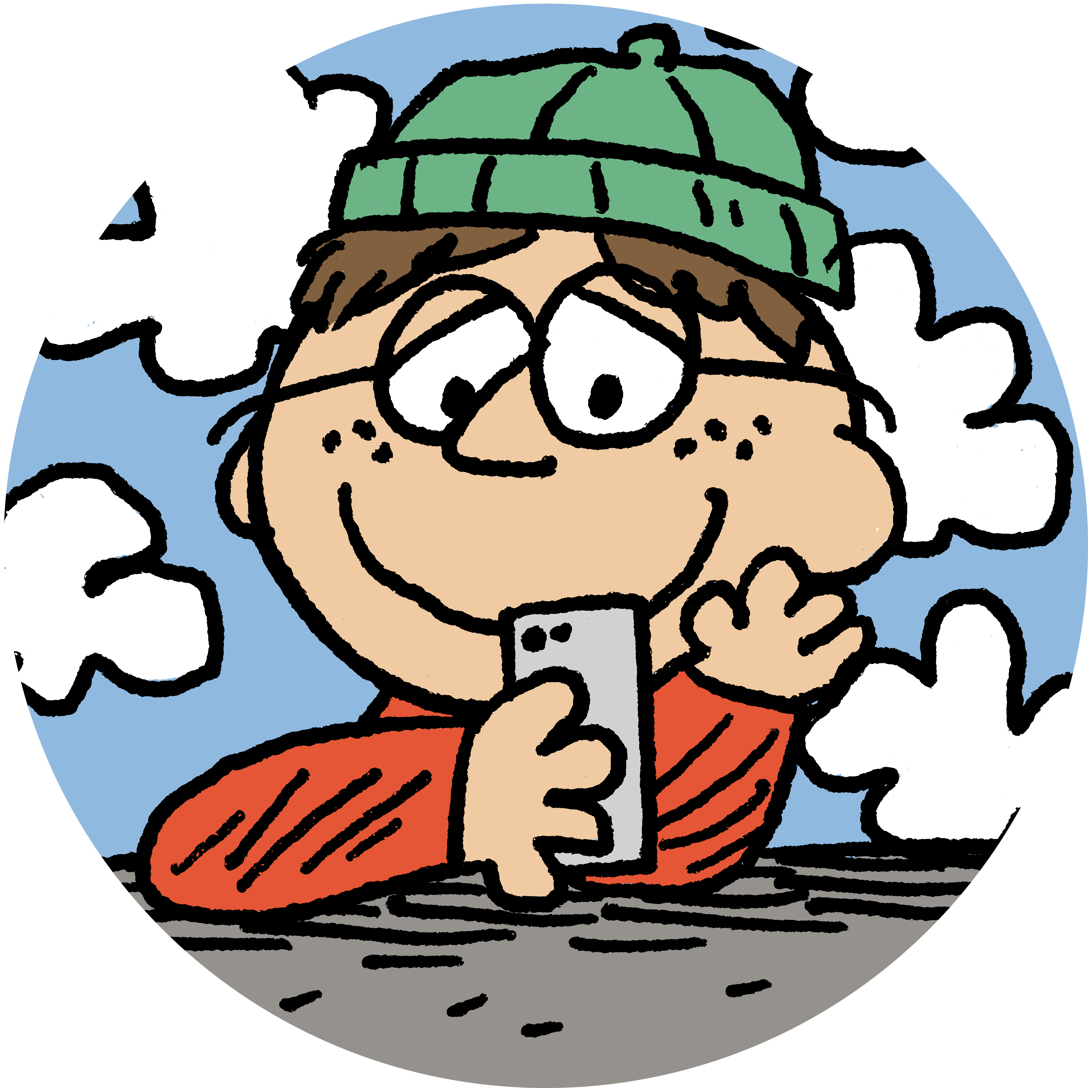 digital illustration of Evan in the style of Charlie Brown, smiling while staring at his phone held in his right hand