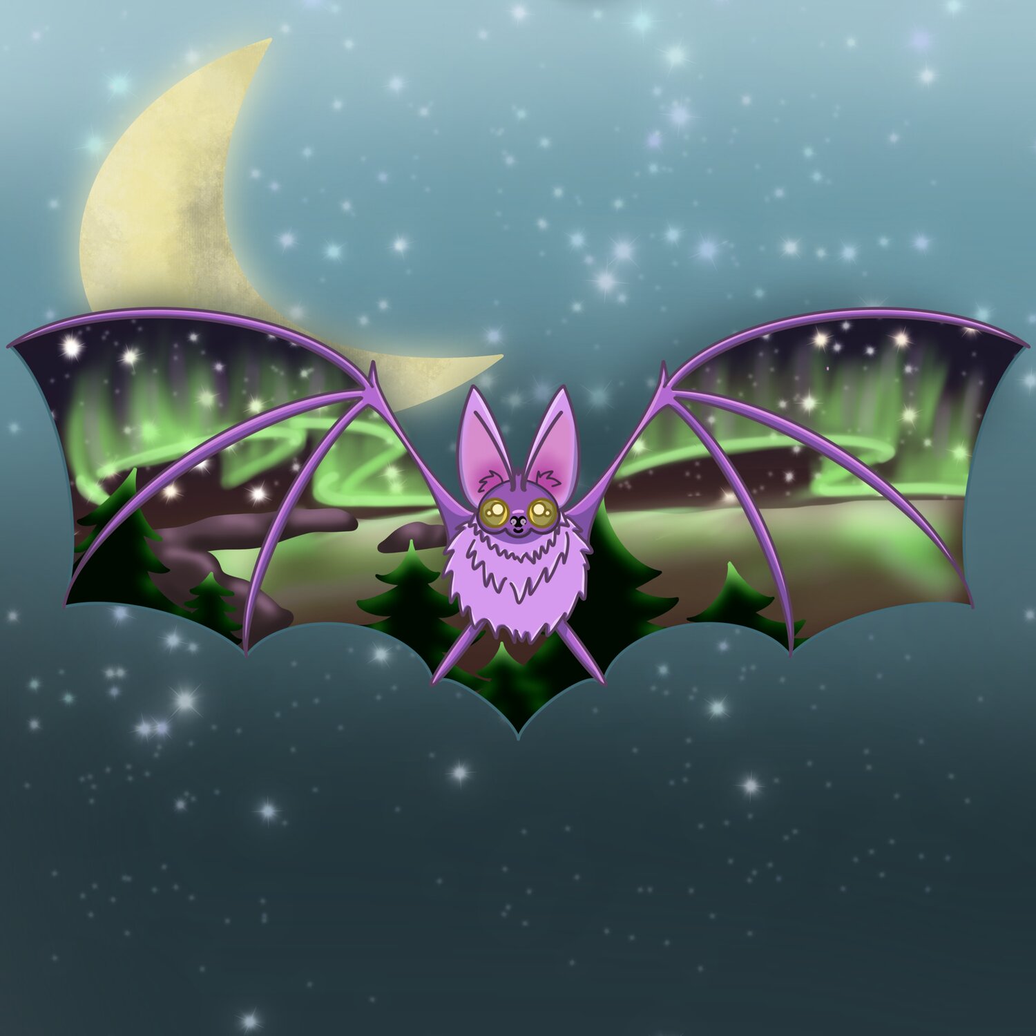 digital artwork showing a purple bat with the northern lights reflected in its wings