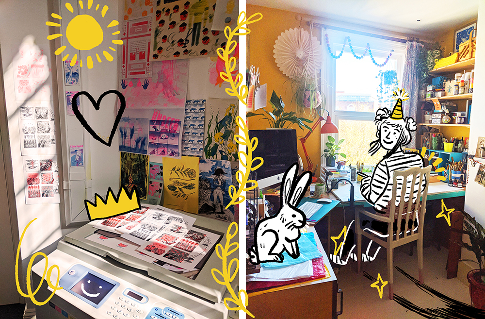 Left- The Riso Machine. Right-Me sat at my desk with doodles around me