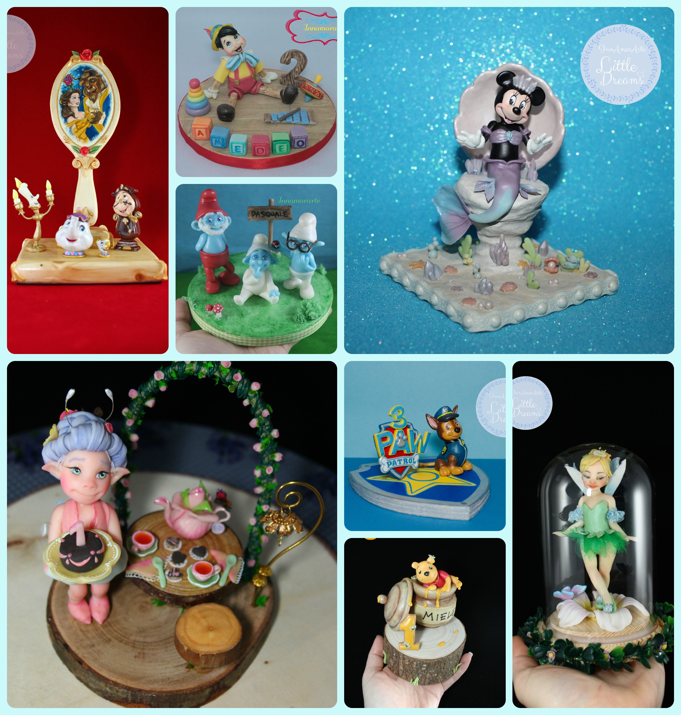 Alcuni dei miei cake toppers, alcuni ispirati a personaggi dei cartoni animati, altri di fantasia... realizzati interamente a mano, in porcellana fredda e das, con basi in legno ritagliate a mano