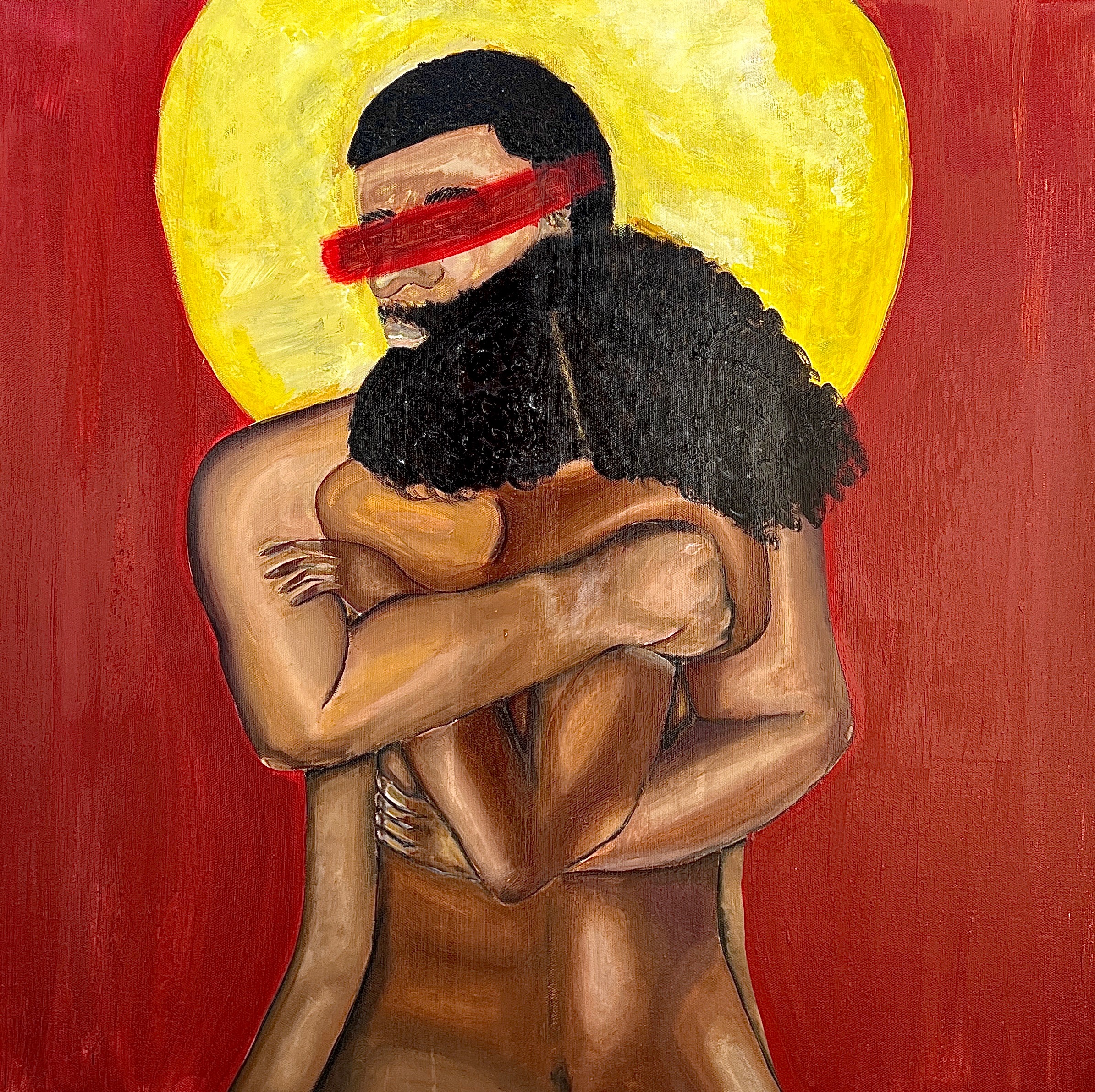 "Love is blind" 30 x 30 Acrylic (Jan. 29 '22) the concept behind this piece stemmed from what black history means and looks like to me. Black history is forgiveness, compassion, love and gentleness. i incorporated two darker toned people because unfortunately darker skinned people aren’t allowed to be soft, gentle or have feelings of distress. i highlighted that it’s okay to be black and need help. it’s okay to NOT be a “strong black woman” or a “strong black man”. Darker shade of red was incorporated to represent passion. the yellow moonlight represents light in the tiles of darkness or sadness. it’s a reminder that things do get better eventually. Black people have to continue to have blind love, blind compassion and blind forgiveness for one another. once we all come together to support and uplift each other we will be unstoppable