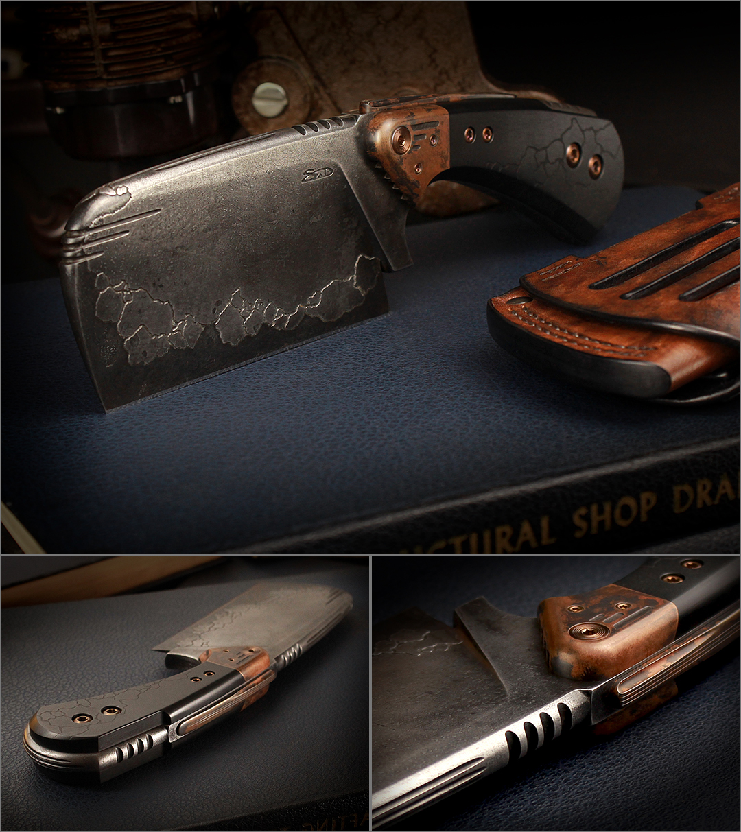Etched Cleaver with copper bolsters and leather sheath