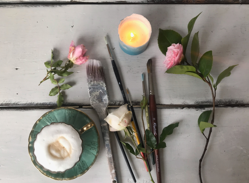 Studio Table - Brushes, candle, flowers
