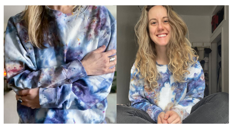 Photo collage of women in blue ice dyed sweatshirts