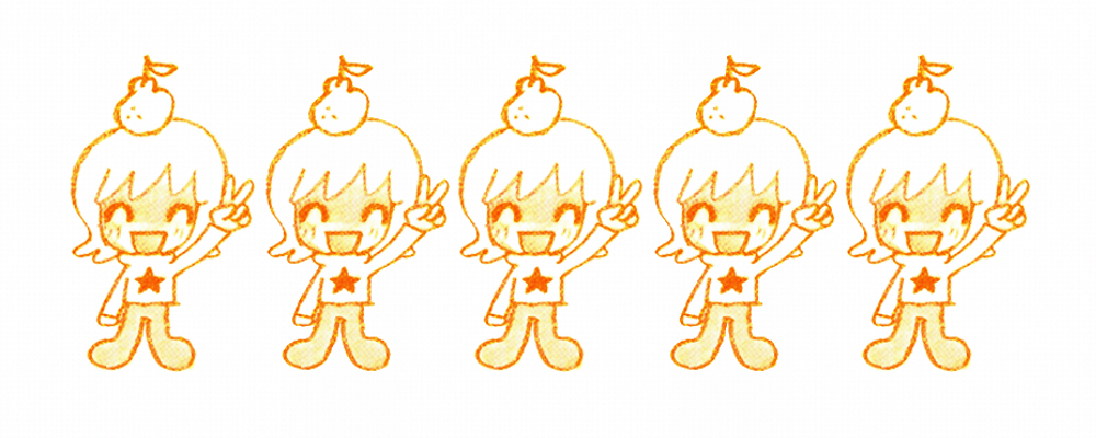 five mascots doing the peace sign! they have oranges on their heads