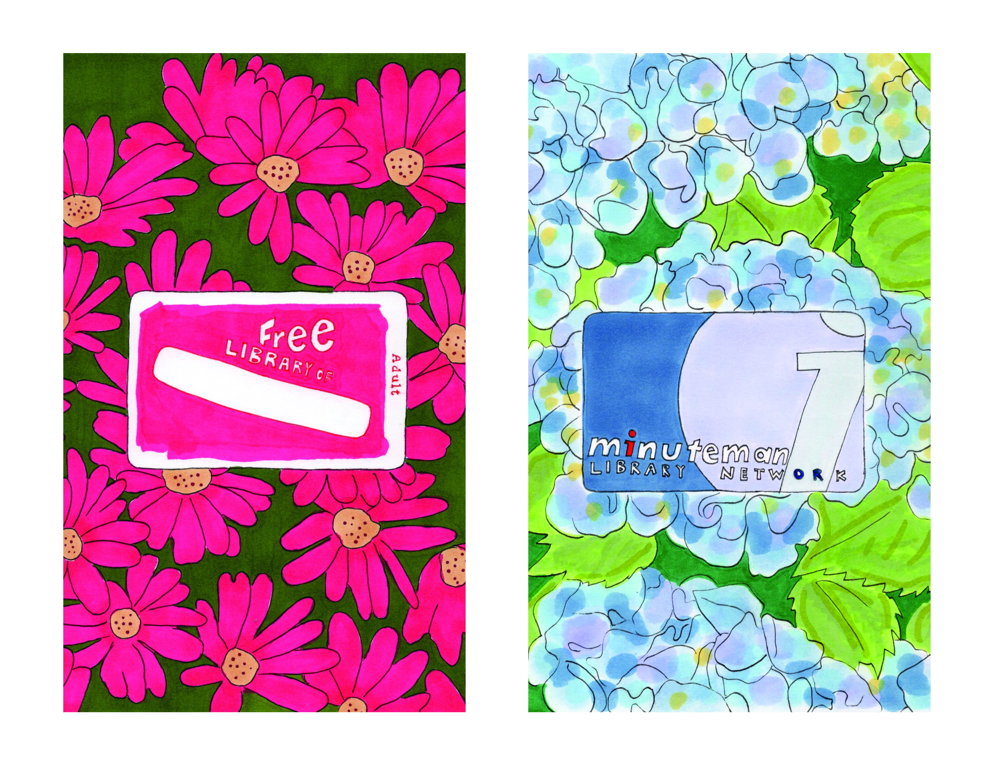 Diptych of two floral prints, the left with a Free Library of Philadelphia card and the right with a Minuteman Library card