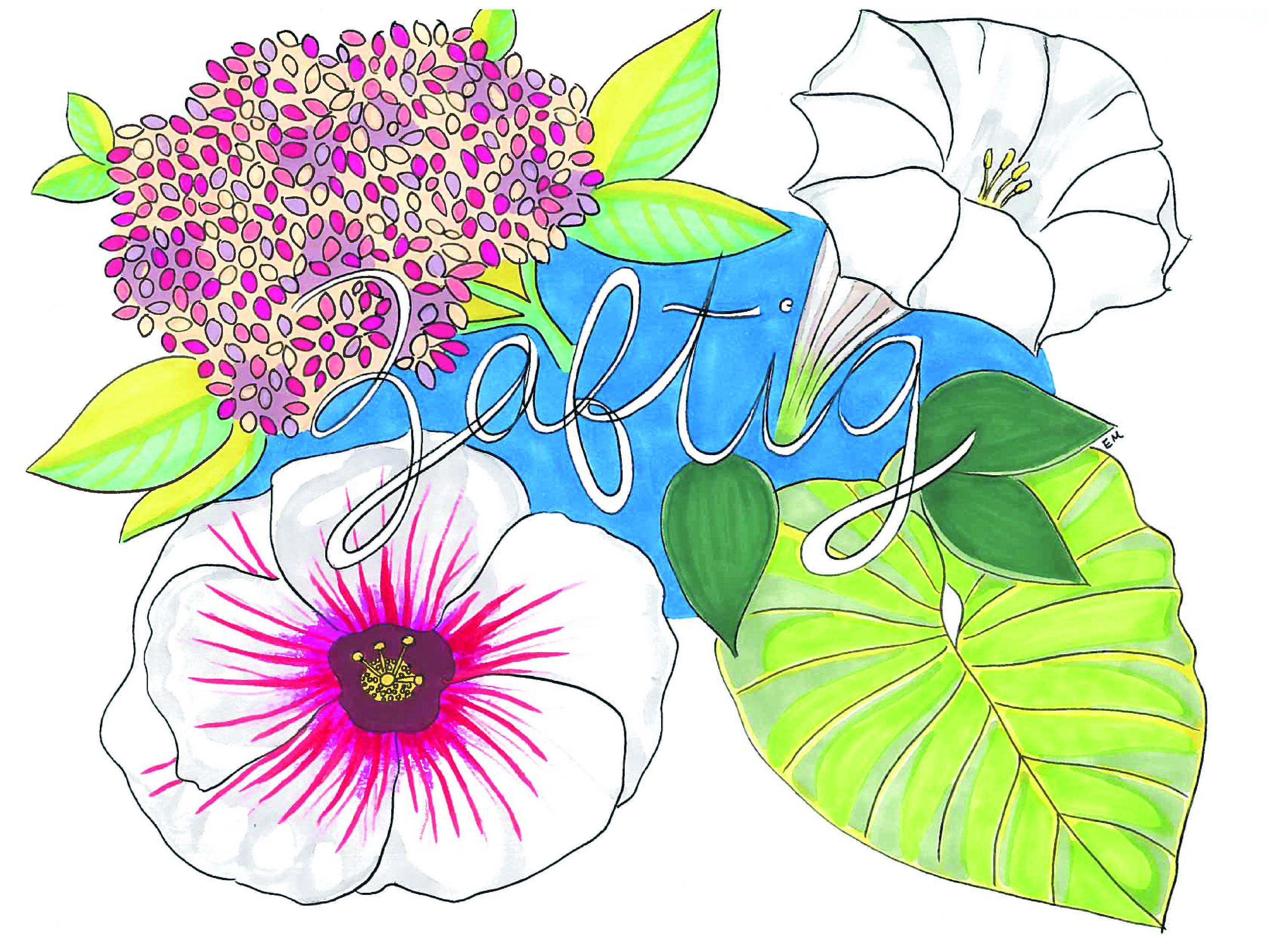 Flowers and leaves with the word Zaftig on top