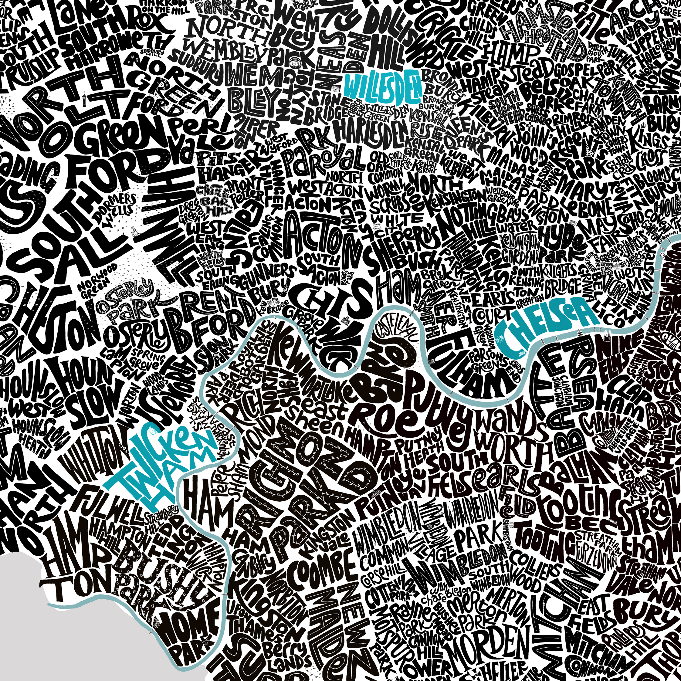 Detail of the Big London Type Map - South London