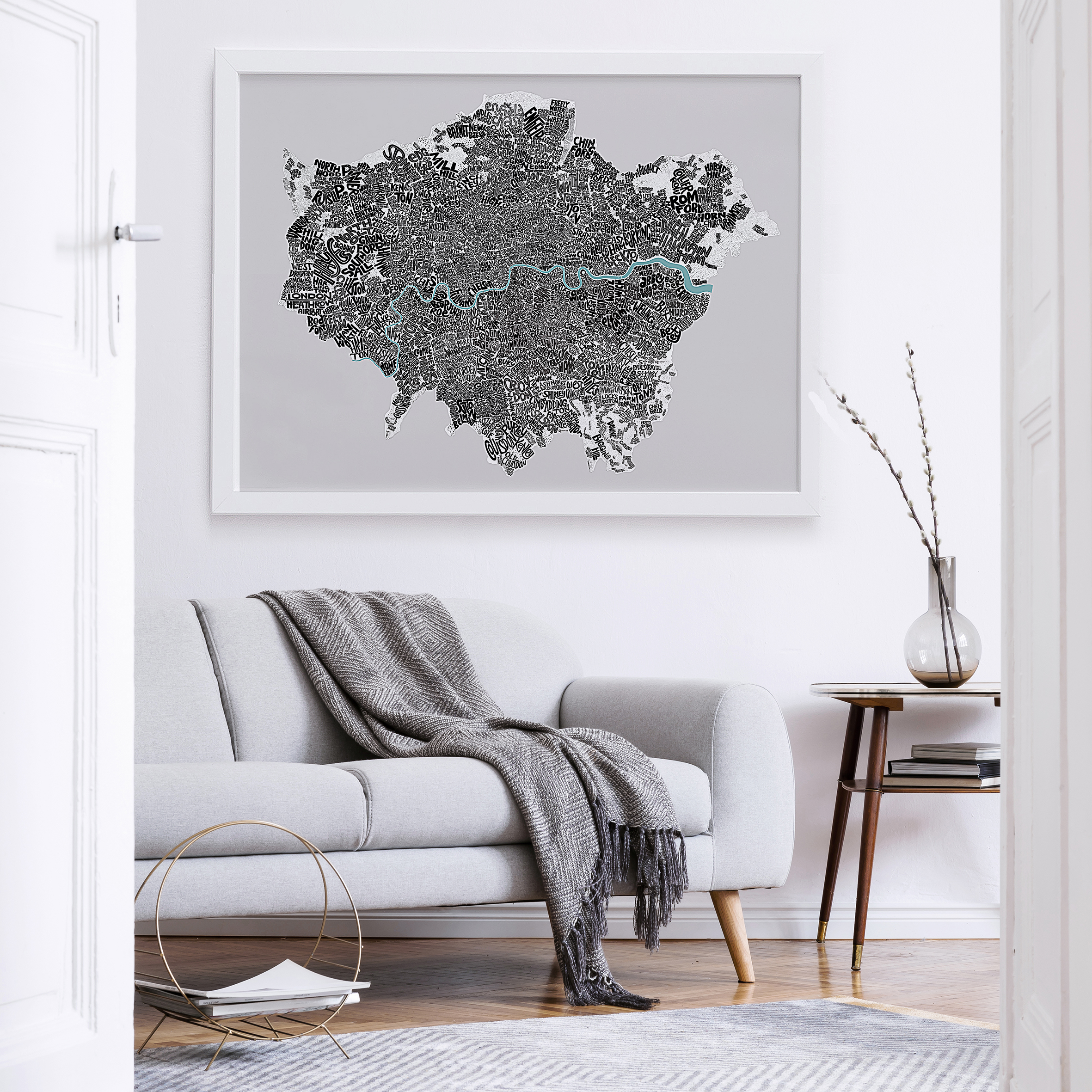 Framed Big London Type Map on a wall 