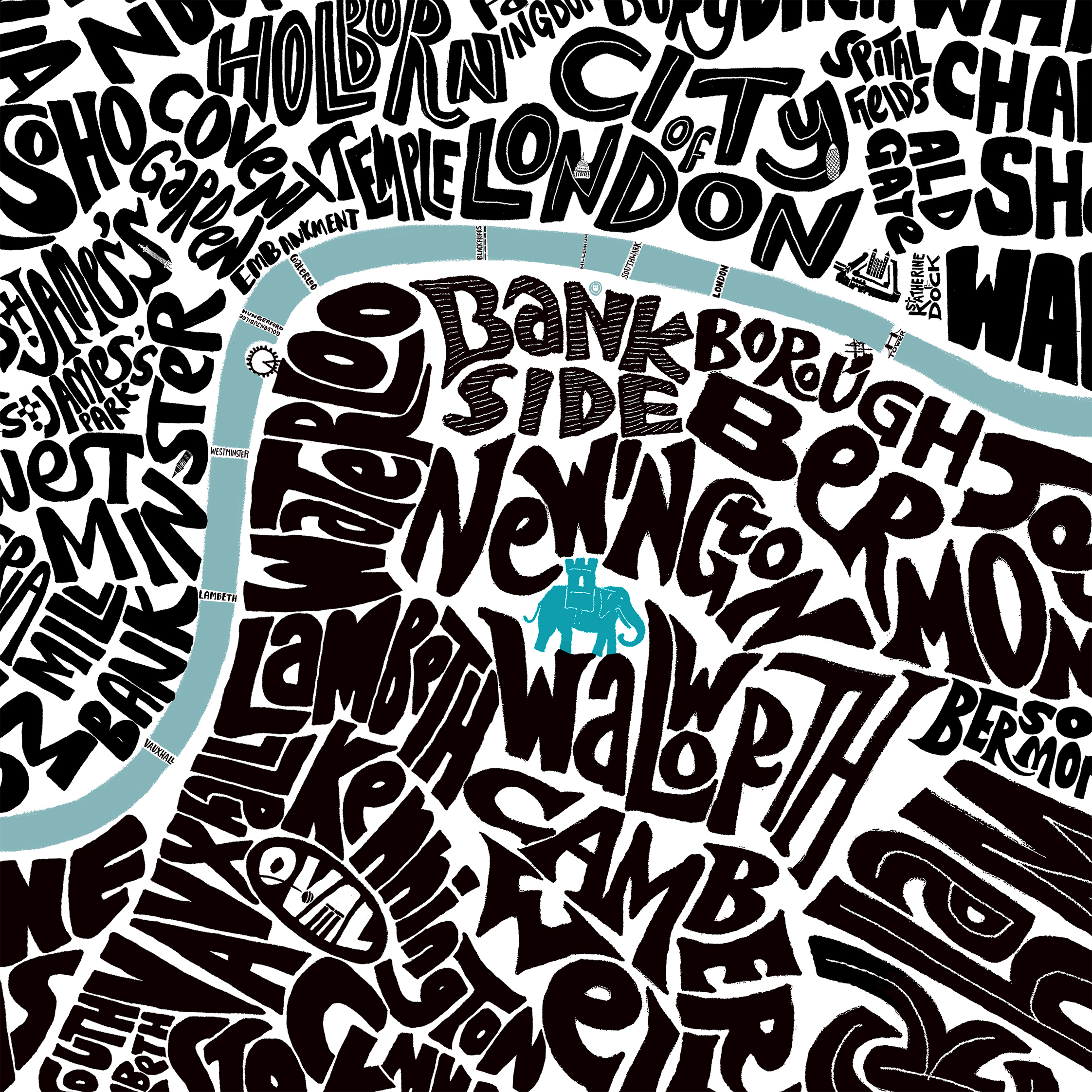 Detail of the Big London hand drawn map - South London