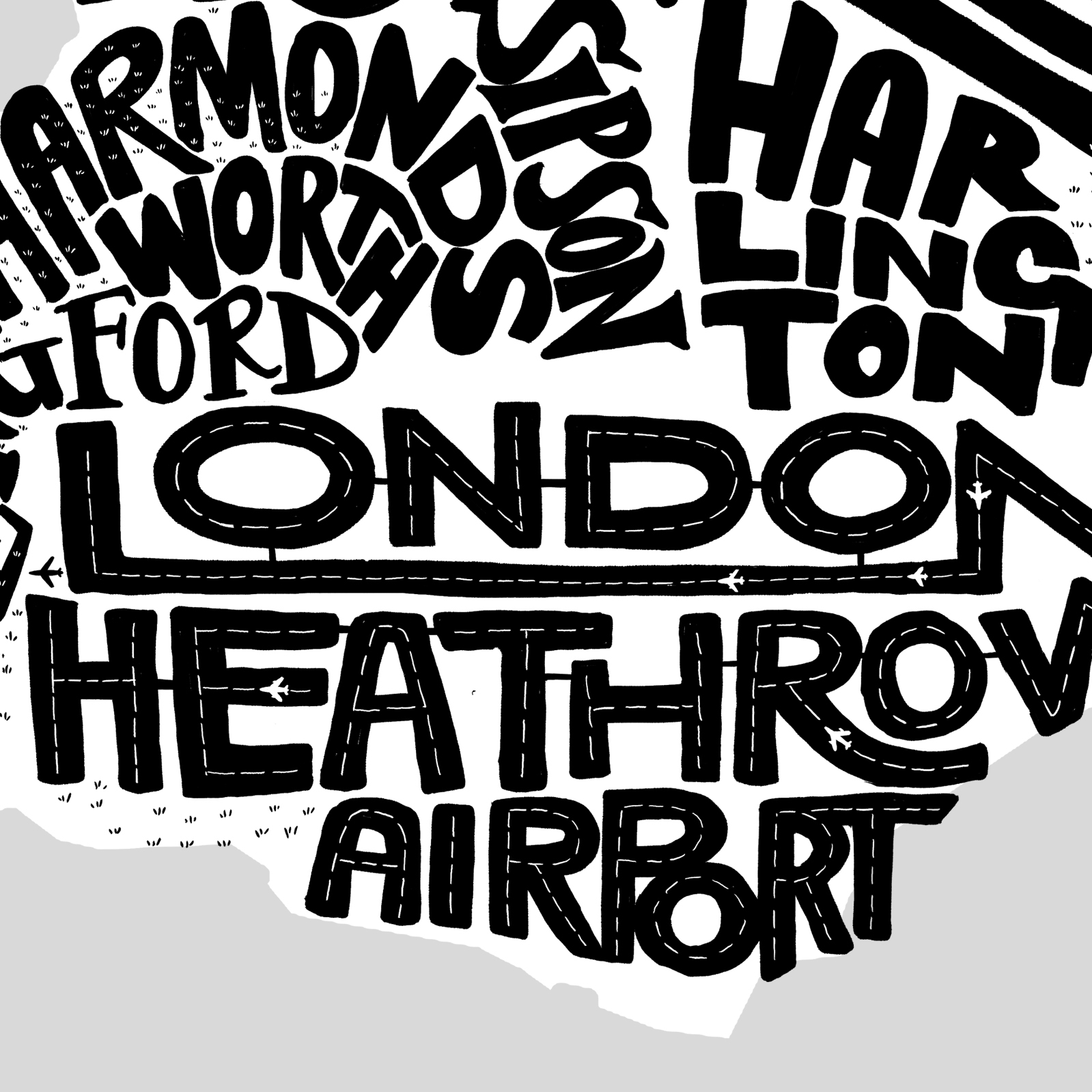 Detail of the Big London Type Map showing hand lettering to create London Heathrow Airport