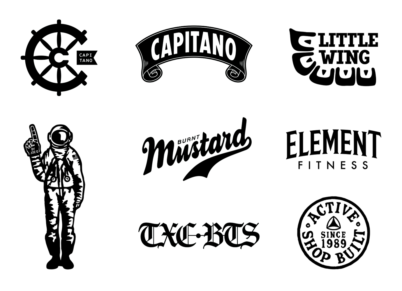 A layout of multiple Logo Designs and Illustrative typography Icons and Other Graphic Designs and lockups used for brands and products