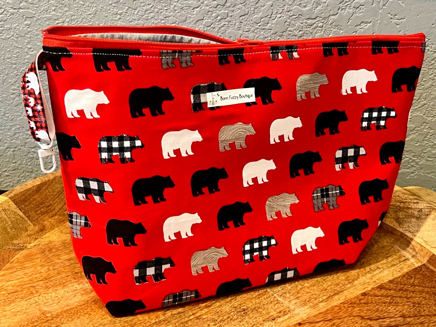 Plaid bears on red! Large wide bottom bag
