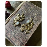 Image 2 of Victorian Rose Floral Spray Honey Bee and Moonstone Solid Brass Earrings